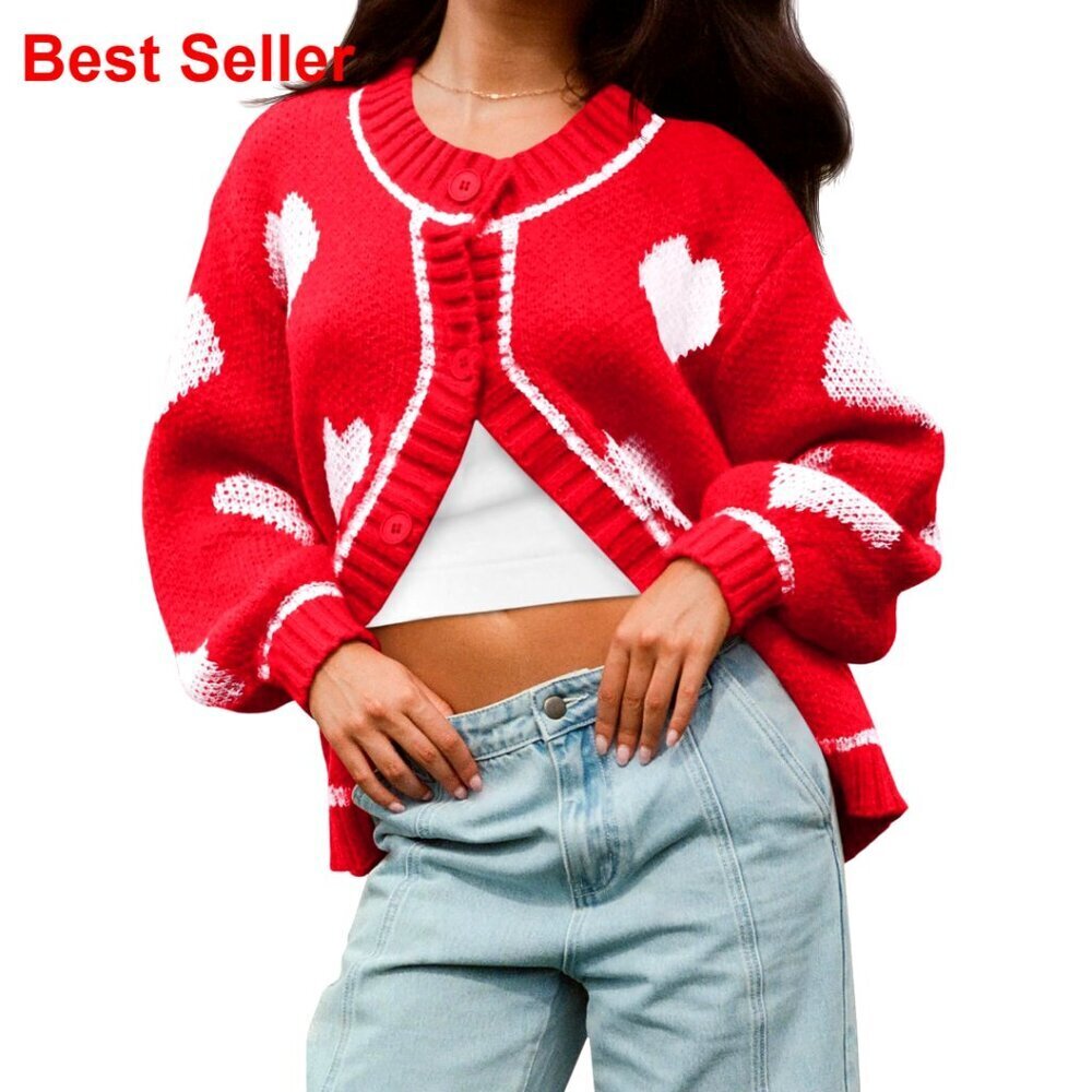 Chunky Knit Heart Cardigan Sweater Crewneck Long Sleeve Button Down